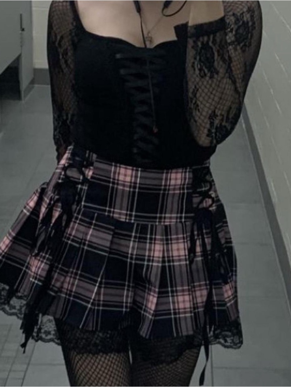 Plaid Lace-Trim Mini Skirt in Pink and Black